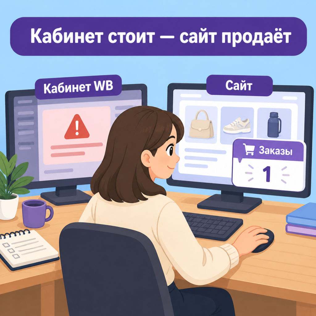 Свой сайт из карточек WB как ты Монитор с открытым интернет-магазином селлера, собранным из карточек Wildberries, рядом с заблокированным кабинетом WB.